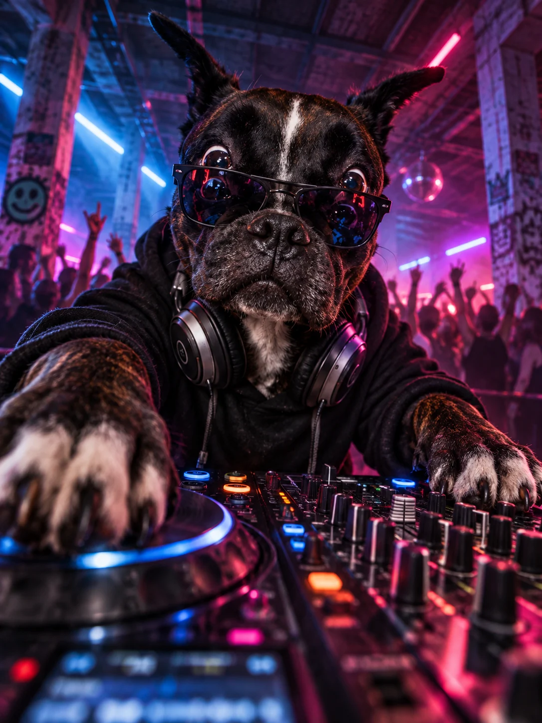 Cesar in his black hoodie, headphones and sunglasses at the decks in a neon-lit club