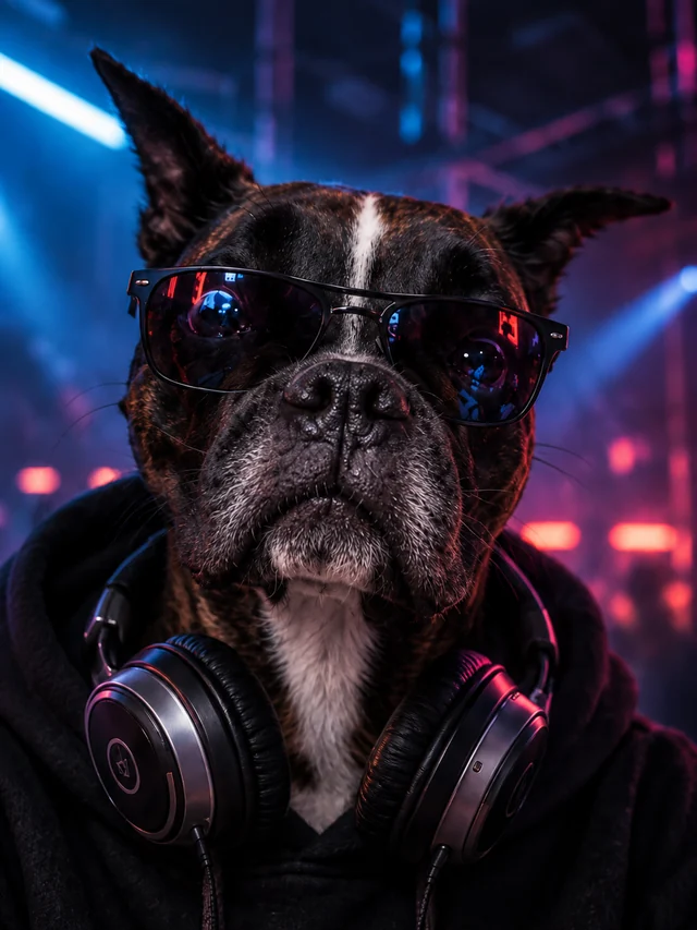 A close portrait of Cesar wearing sunglasses and DJ headphones