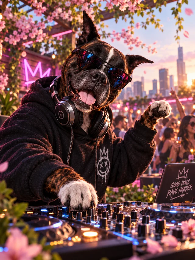 Cesar at his DJ decks beneath pink cherry blossoms