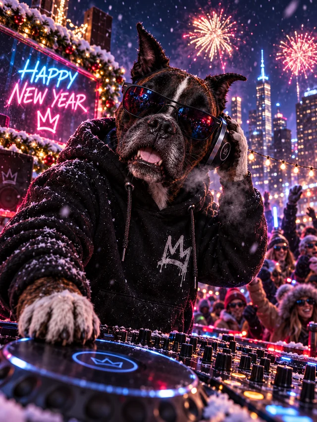 Cesar DJing beneath New Year fireworks